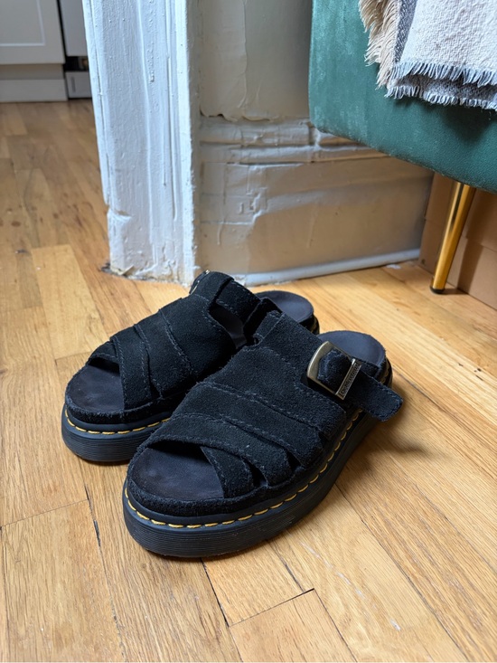 Dr. Martens Shoes - Black Suede Platform Slide Sandals with Buckle